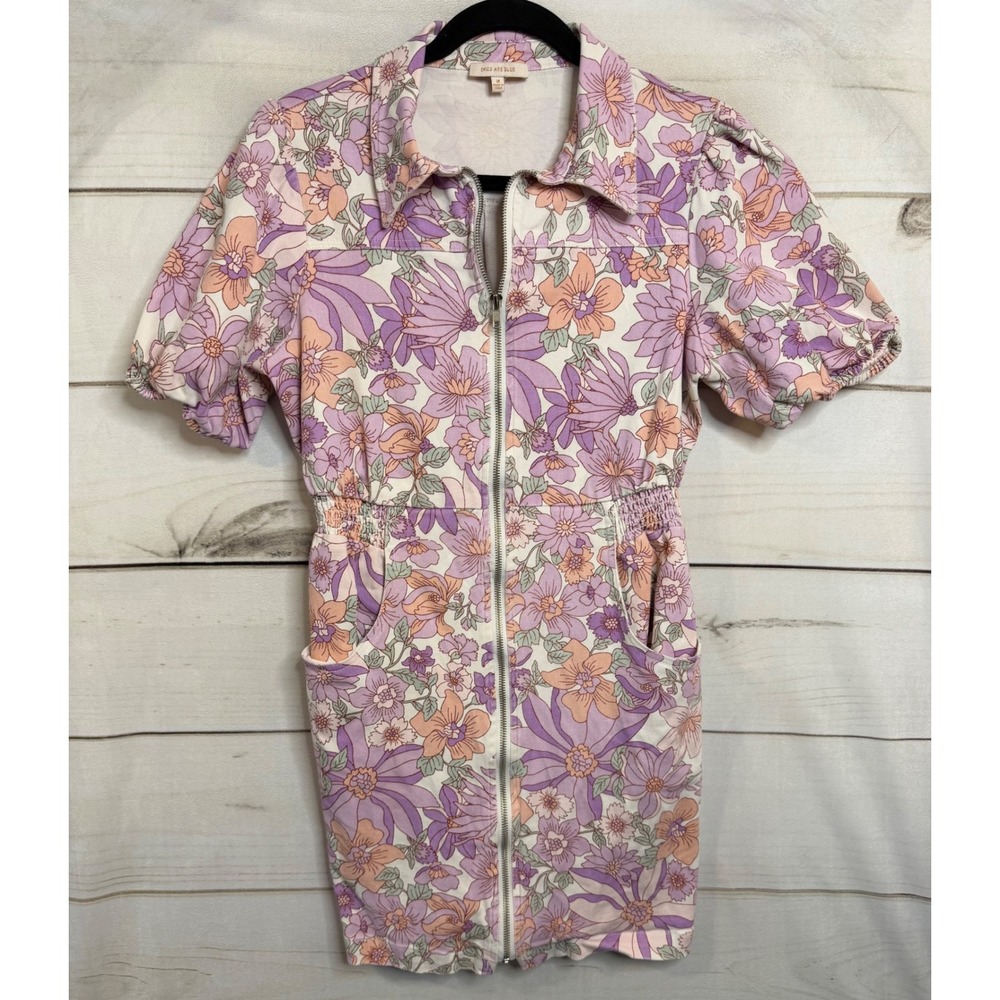 Skies Are Blue Floral Zip Front Mini Dress Purple Peach Smocked Waist Size M